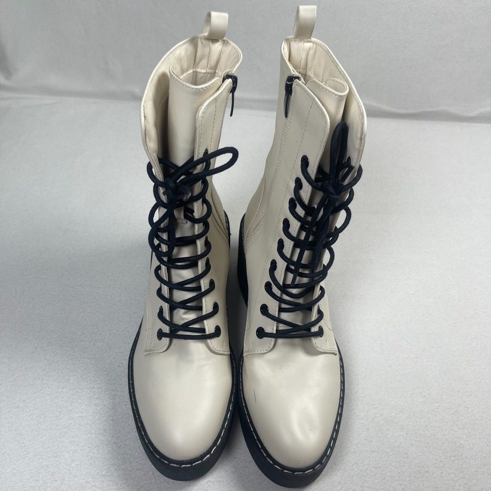 Nine West Women's 8M Off White Lace Up Combat Boots Block Heel Side Zip - Picture 3 of 11